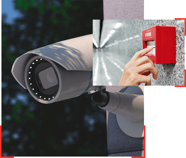collage of male pushing fire alarm second image of outdoor security camera