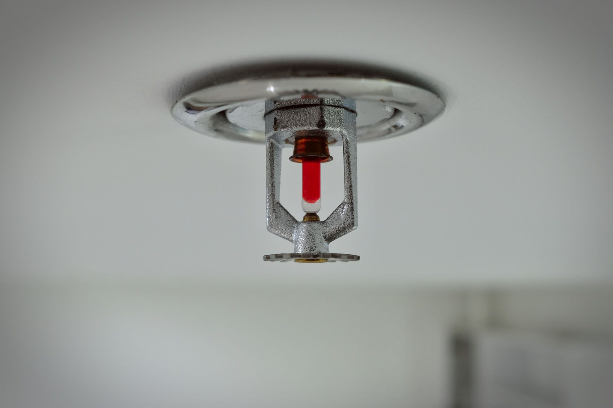Close up view of an emergency fire sprinkler on ceiling