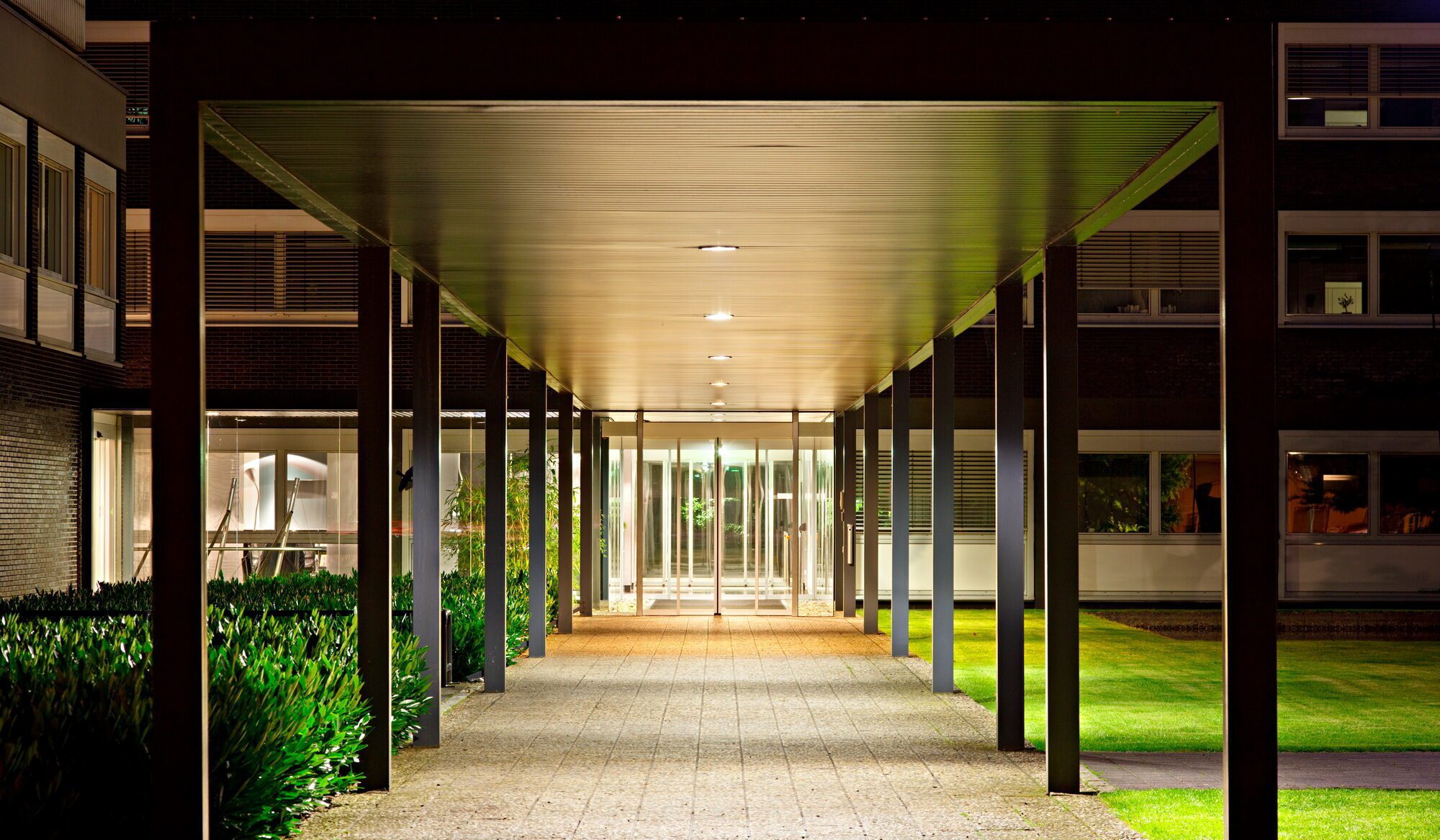 Roofed Office Building Entrance At Night