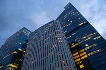 Tall office buildings at night