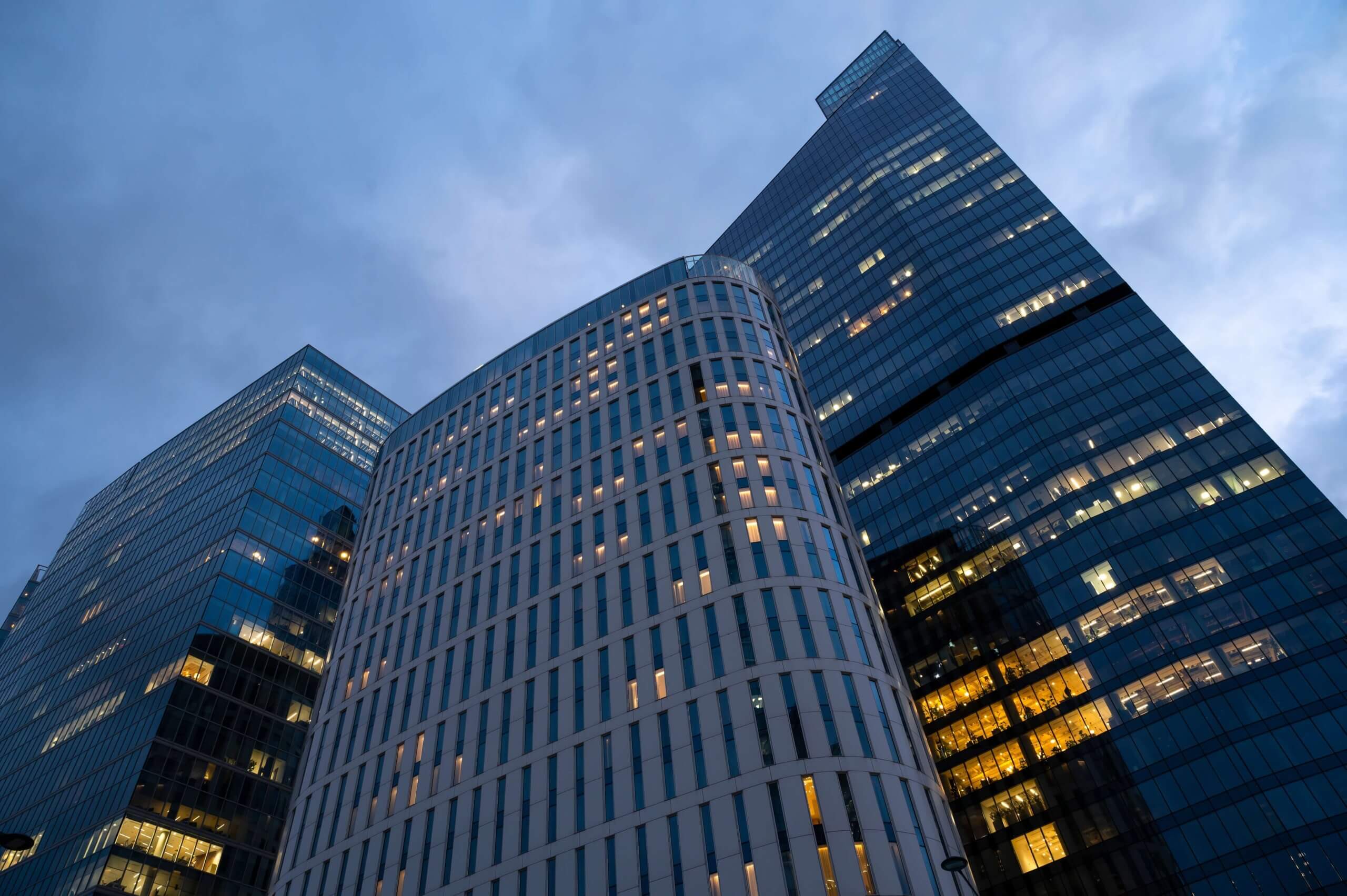 Tall office buildings at night