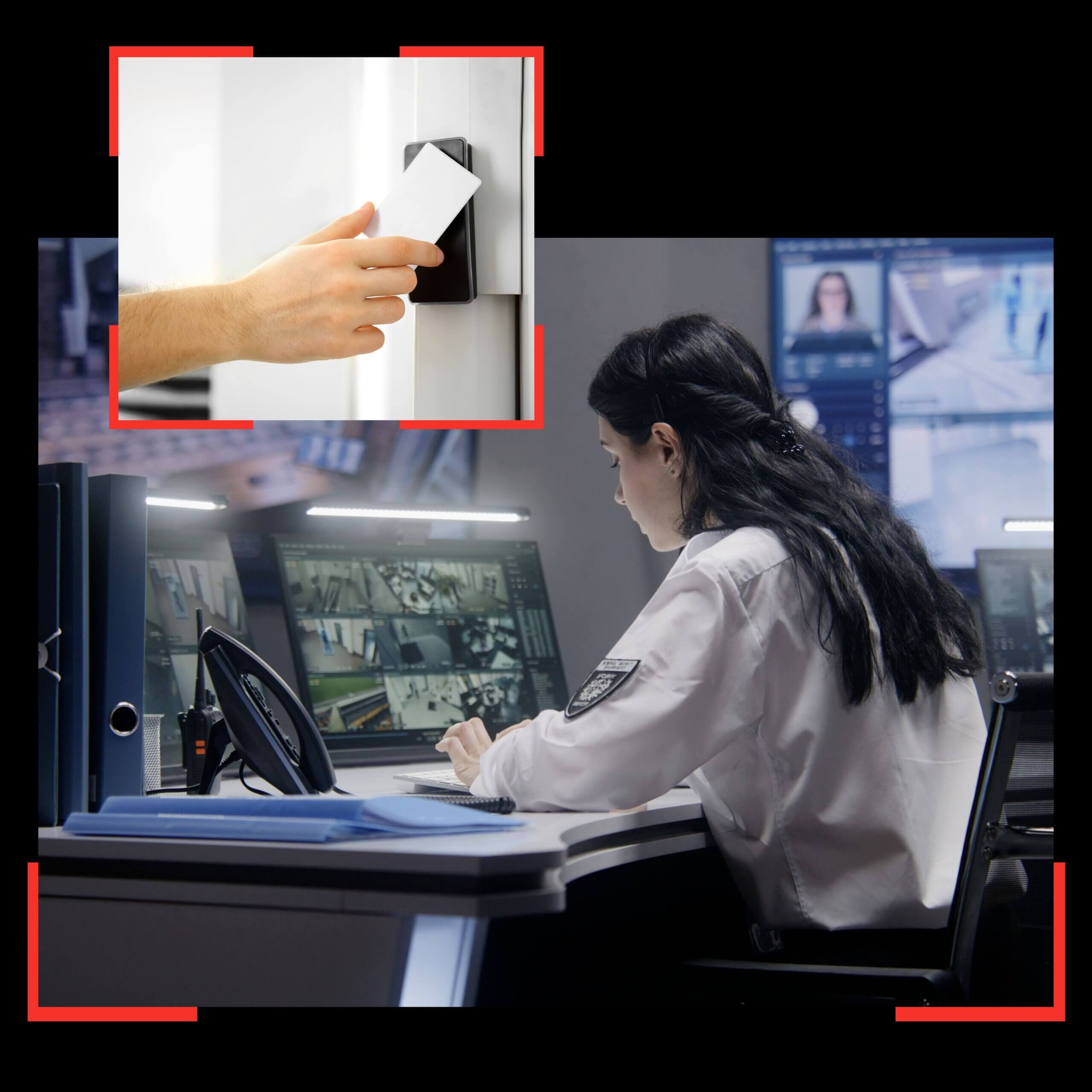 collage of female security monitoring screens and hand scanning electric keycard